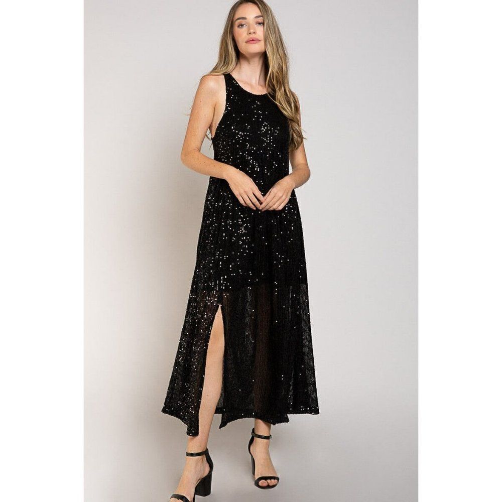 POL CLOTHING Jet Black SEQUIN Gown Dress Cocktail Dinner Party Sparkly SMD234 - Picture 7 of 9